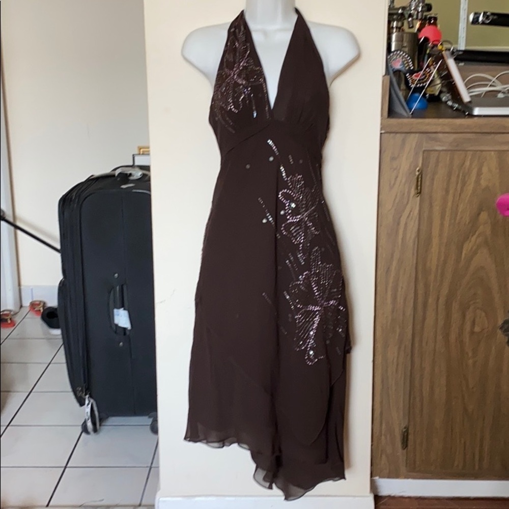 BCBG MaxAzria Brown Long Halter Top Backless Dress